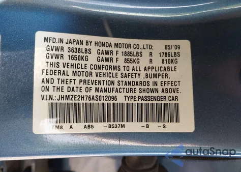 2010 Honda Insight Ex from USA, damaged, VIN JHMZE2H76AS012096